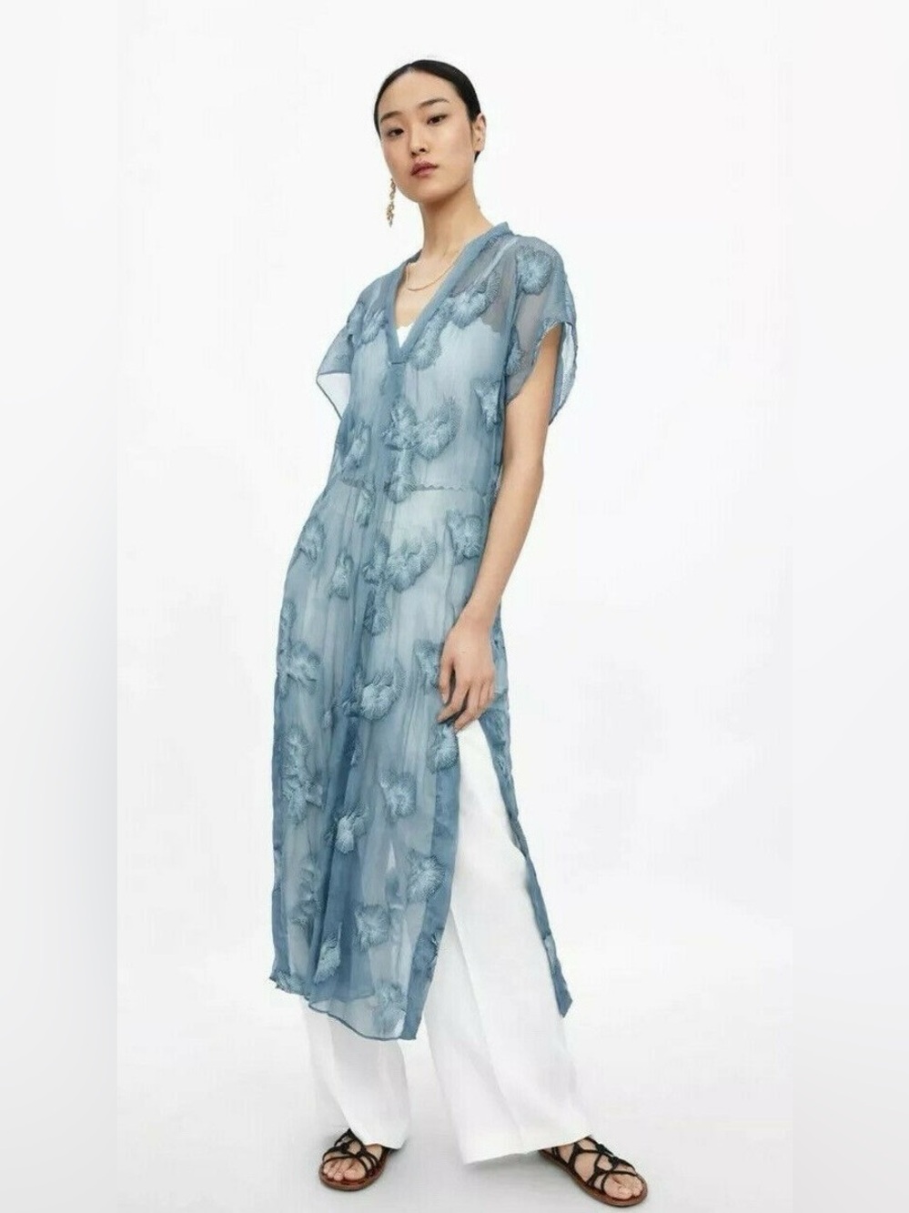 Zara Chiffon Embroidered Maxi Dress Kaftan in Blue, Size XS